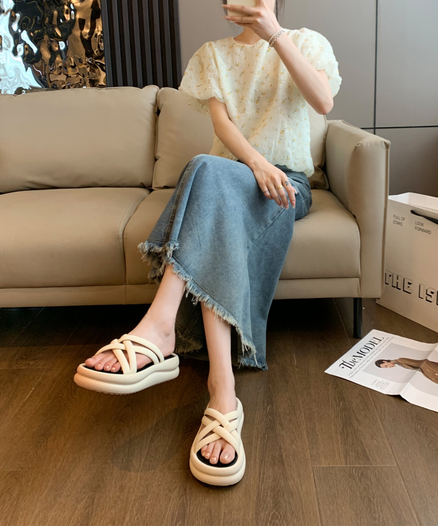 レースレディース Lace Ladies チューブ クロス ストラップ 厚底 スライド サンダル （アイボリー） アイボリー