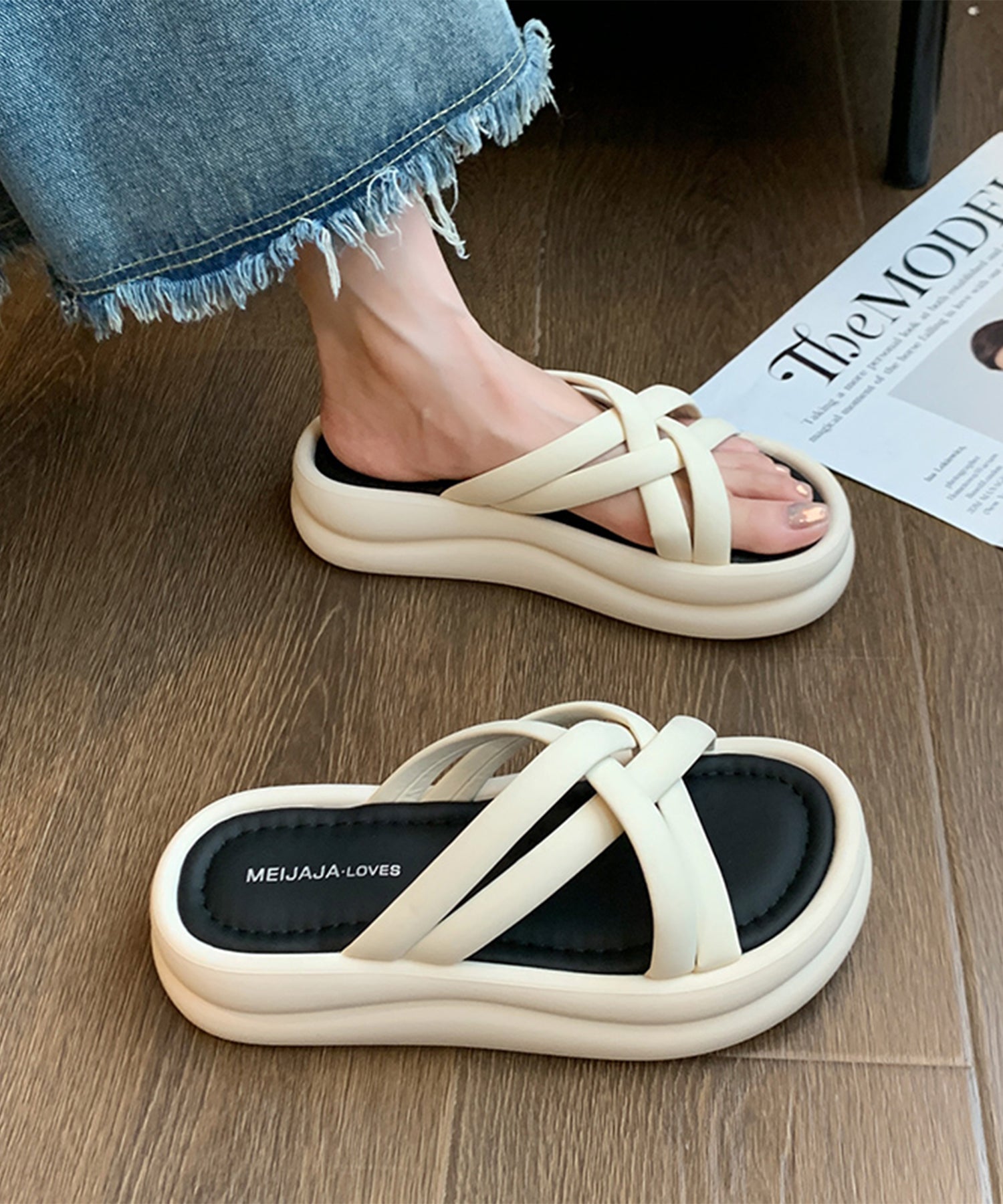 レースレディース Lace Ladies チューブ クロス ストラップ 厚底 スライド サンダル （アイボリー） アイボリー