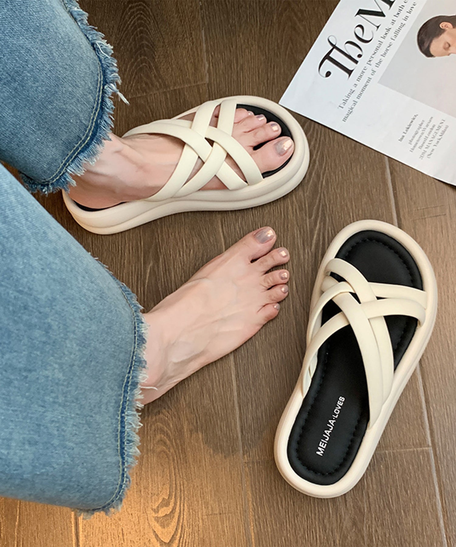 レースレディース Lace Ladies チューブ クロス ストラップ 厚底 スライド サンダル （アイボリー） アイボリー