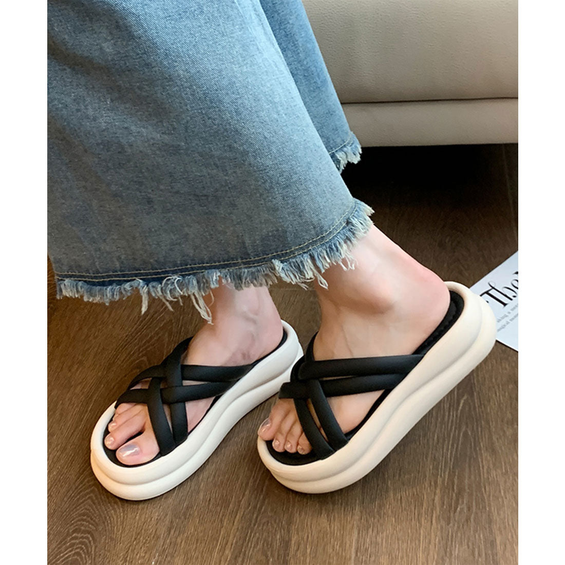 レースレディース Lace Ladies チューブ クロス ストラップ 厚底 スライド サンダル （ブラック） ブラック