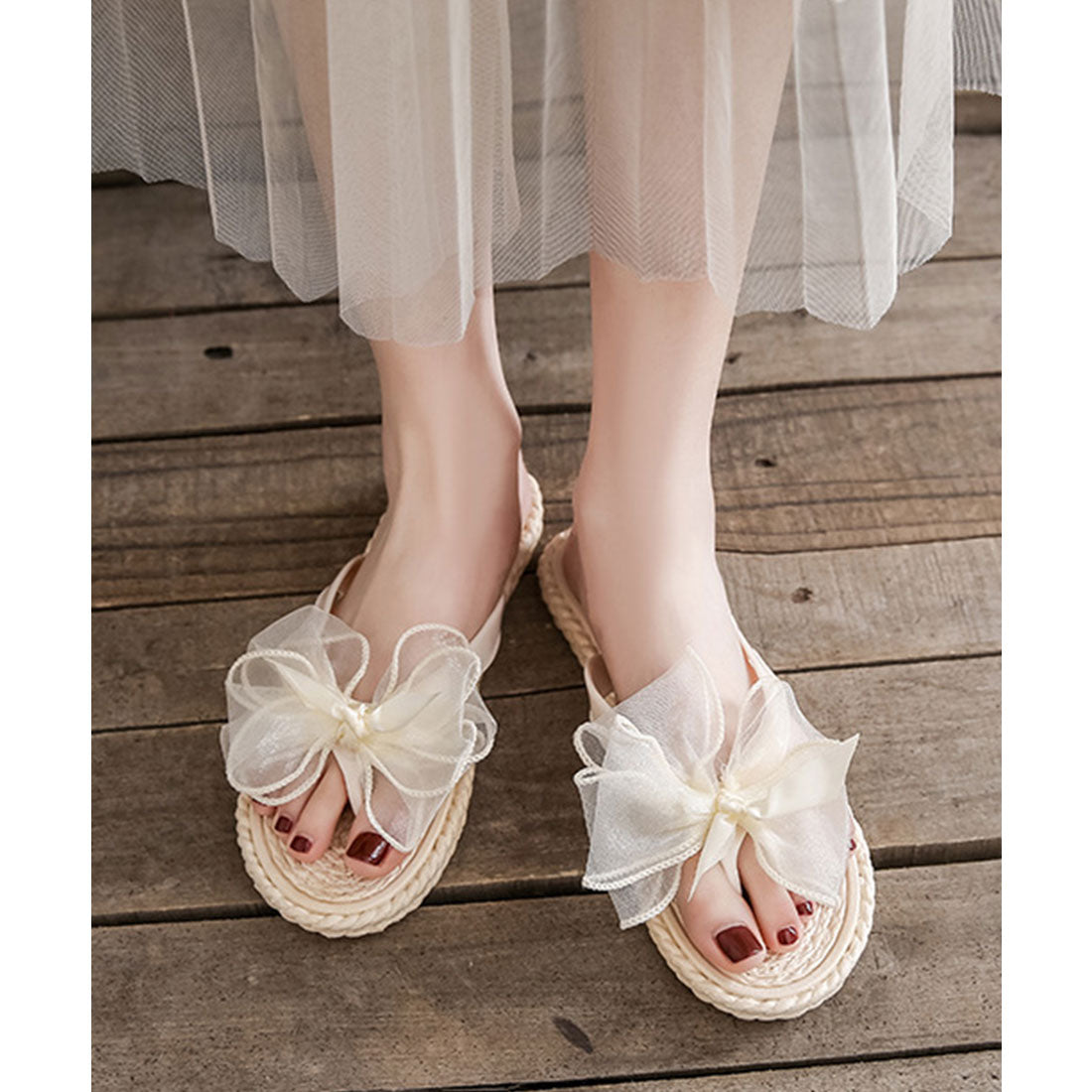 レースレディース Lace Ladies シフォン ビッグリボン トング エスパドリーユ サンダル （アイボリー） アイボリー