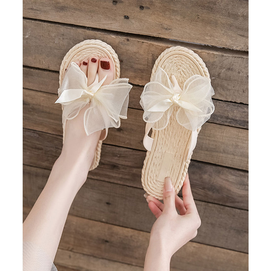 レースレディース Lace Ladies シフォン ビッグリボン トング エスパドリーユ サンダル （アイボリー） アイボリー