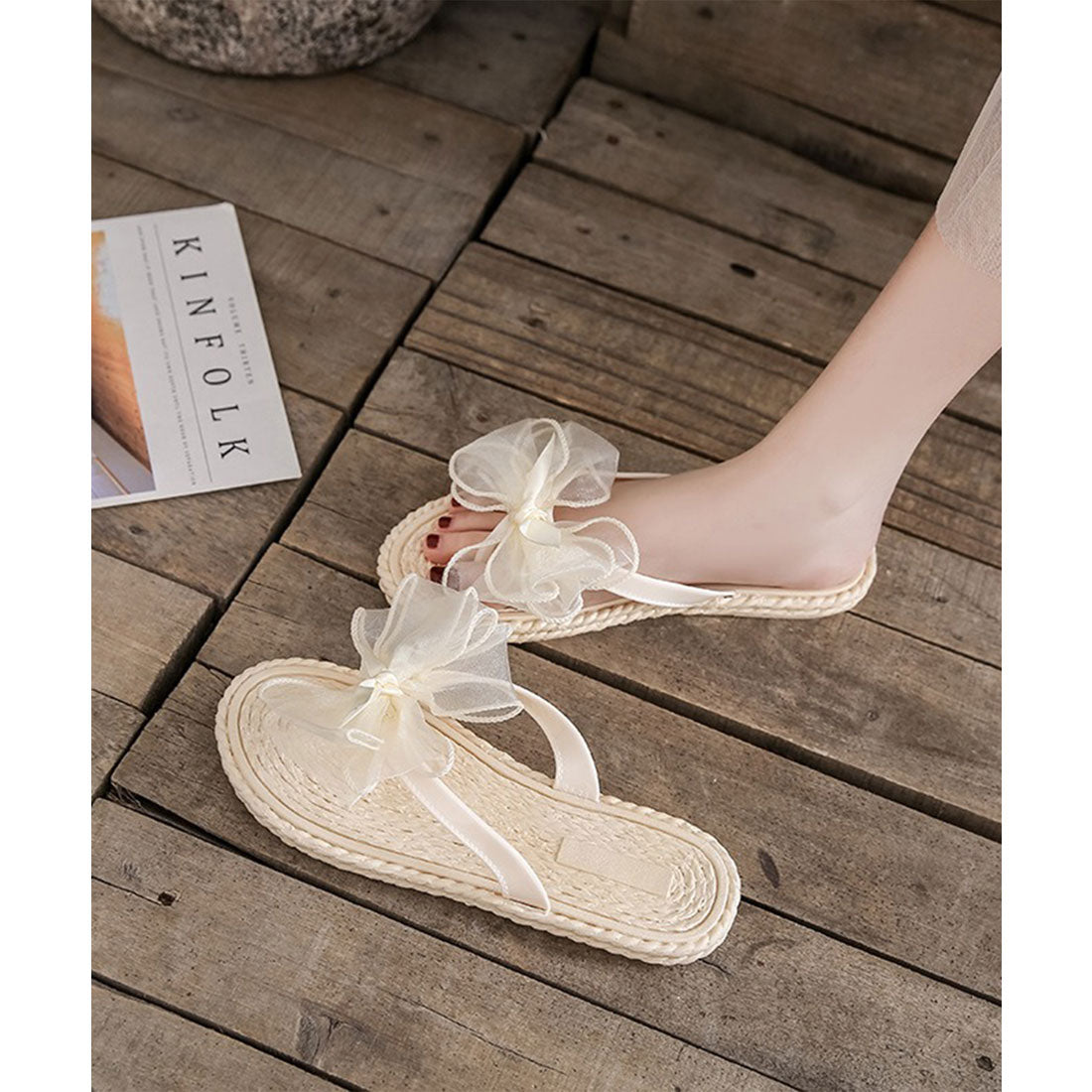 レースレディース Lace Ladies シフォン ビッグリボン トング エスパドリーユ サンダル （アイボリー） アイボリー
