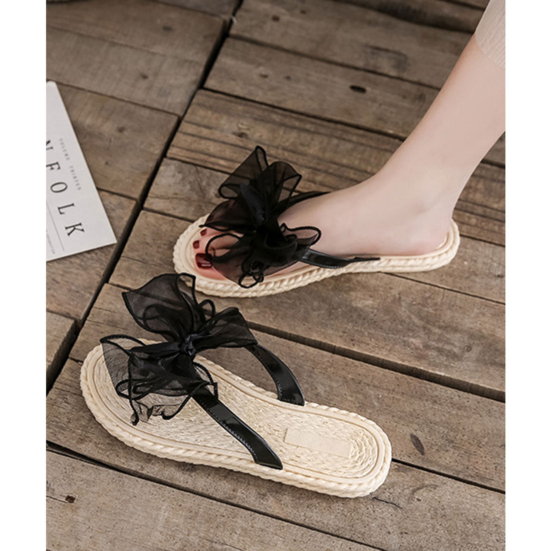 レースレディース Lace Ladies シフォン ビッグリボン トング エスパドリーユ サンダル （ブラック） ブラック