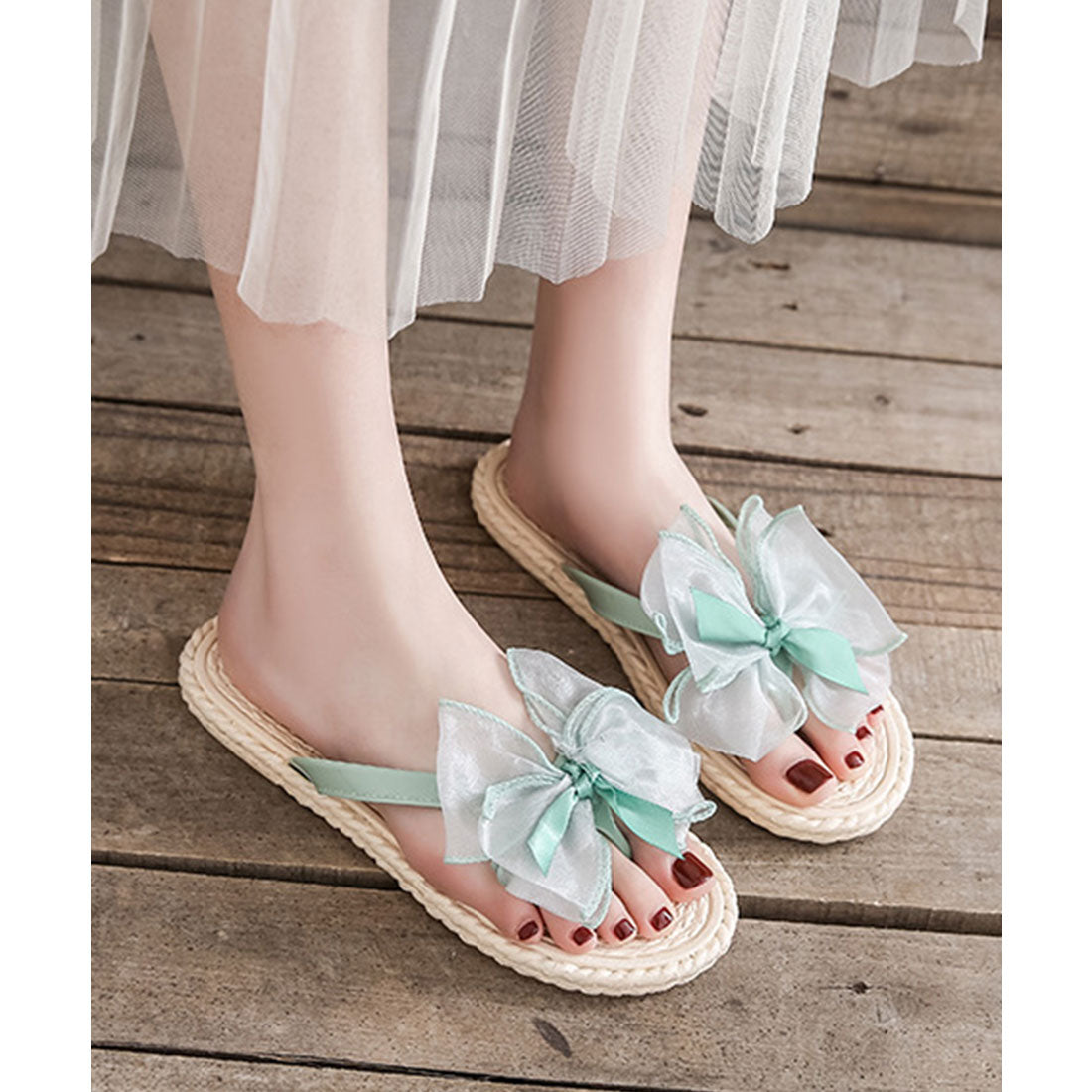 レースレディース Lace Ladies シフォン ビッグリボン トング エスパドリーユ サンダル （グリーン） グリーン