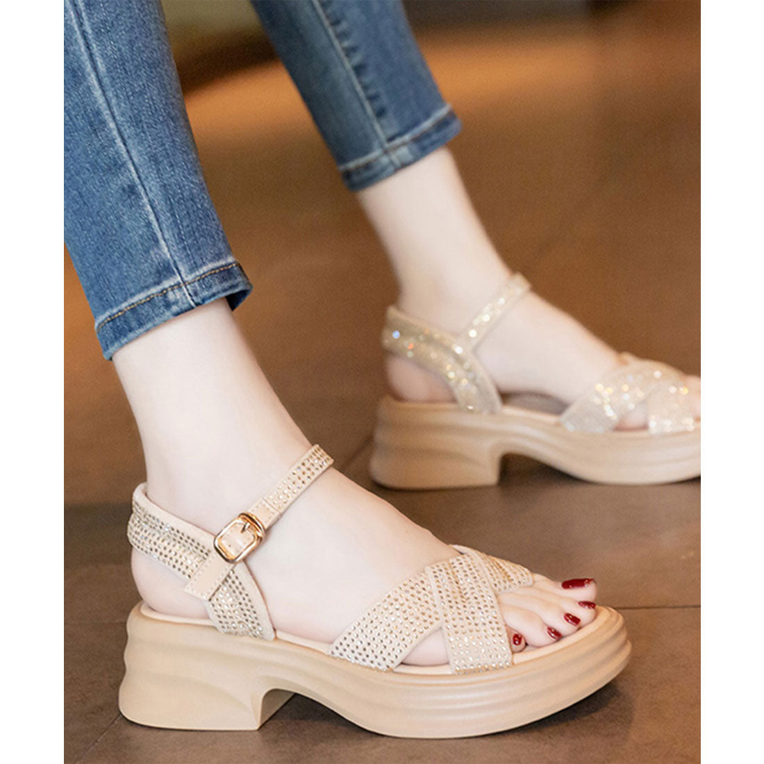 レースレディース Lace Ladies ラインストーン クロス ストラップ 厚底 サンダル （ベージュ） ベージュ