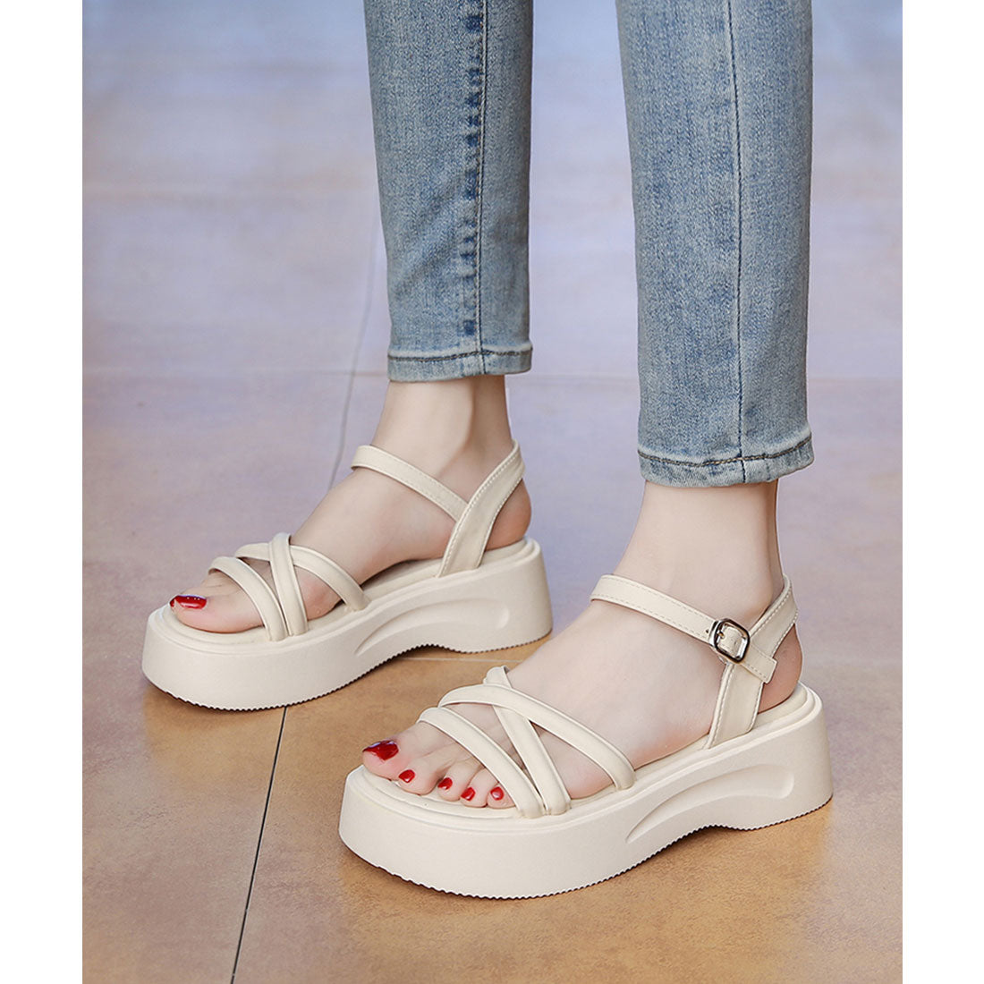 レースレディース Lace Ladies クロス チューブ ストラップ 厚底 サンダル （アイボリー） アイボリー