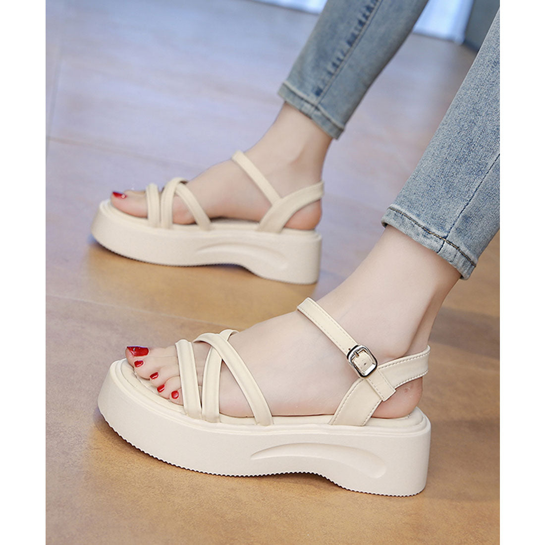 レースレディース Lace Ladies クロス チューブ ストラップ 厚底 サンダル （アイボリー） アイボリー