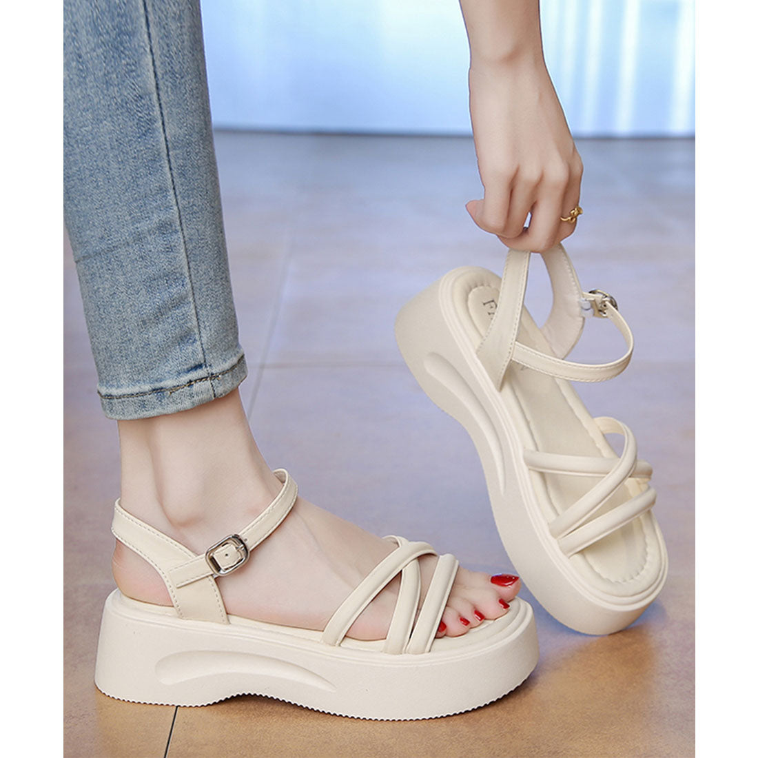 レースレディース Lace Ladies クロス チューブ ストラップ 厚底 サンダル （アイボリー） アイボリー