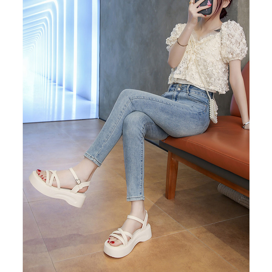 レースレディース Lace Ladies クロス チューブ ストラップ 厚底 サンダル （アイボリー） アイボリー