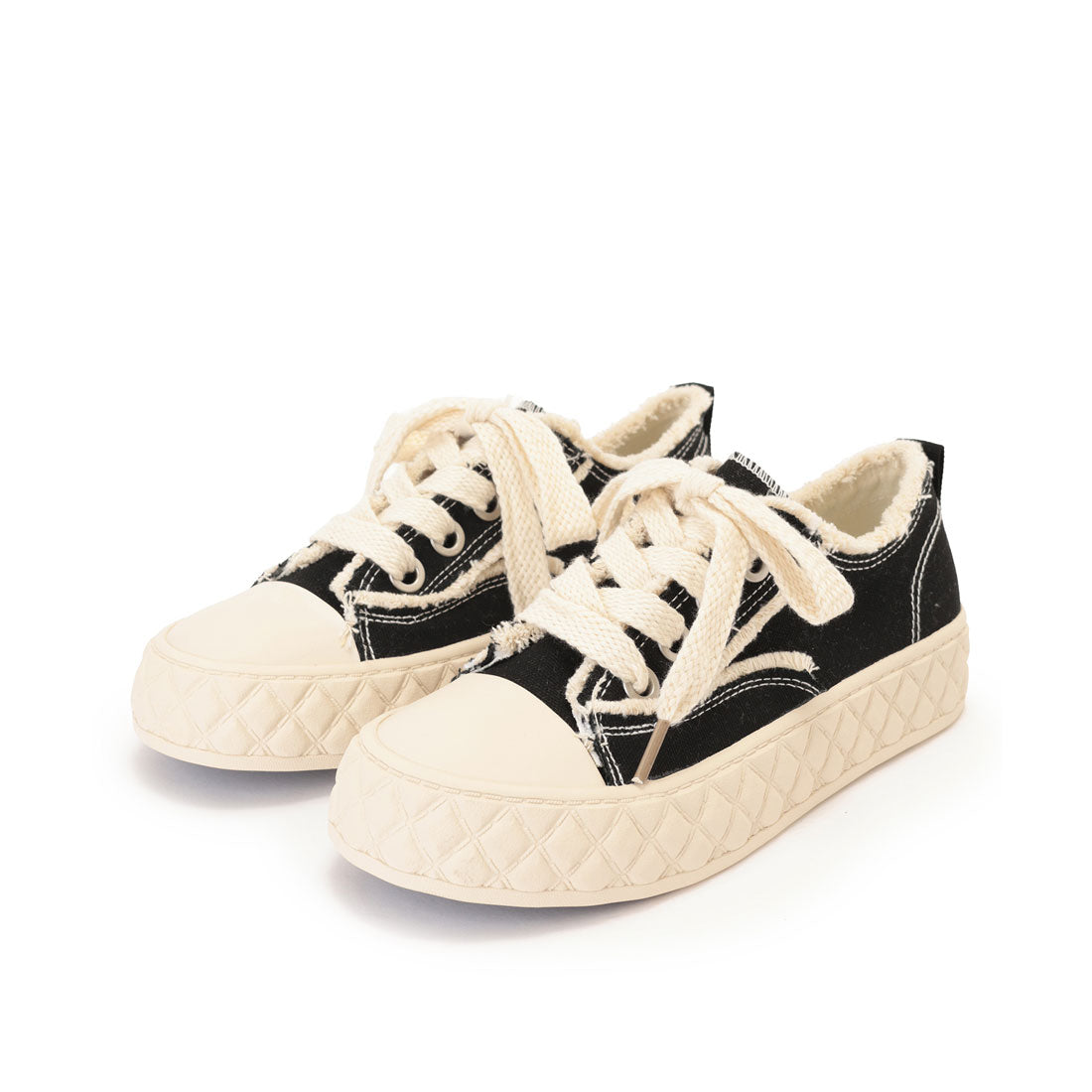 レースレディース Lace Ladies レースアップ フリンジ 厚底 フラット スニーカー （ブラック） ブラック