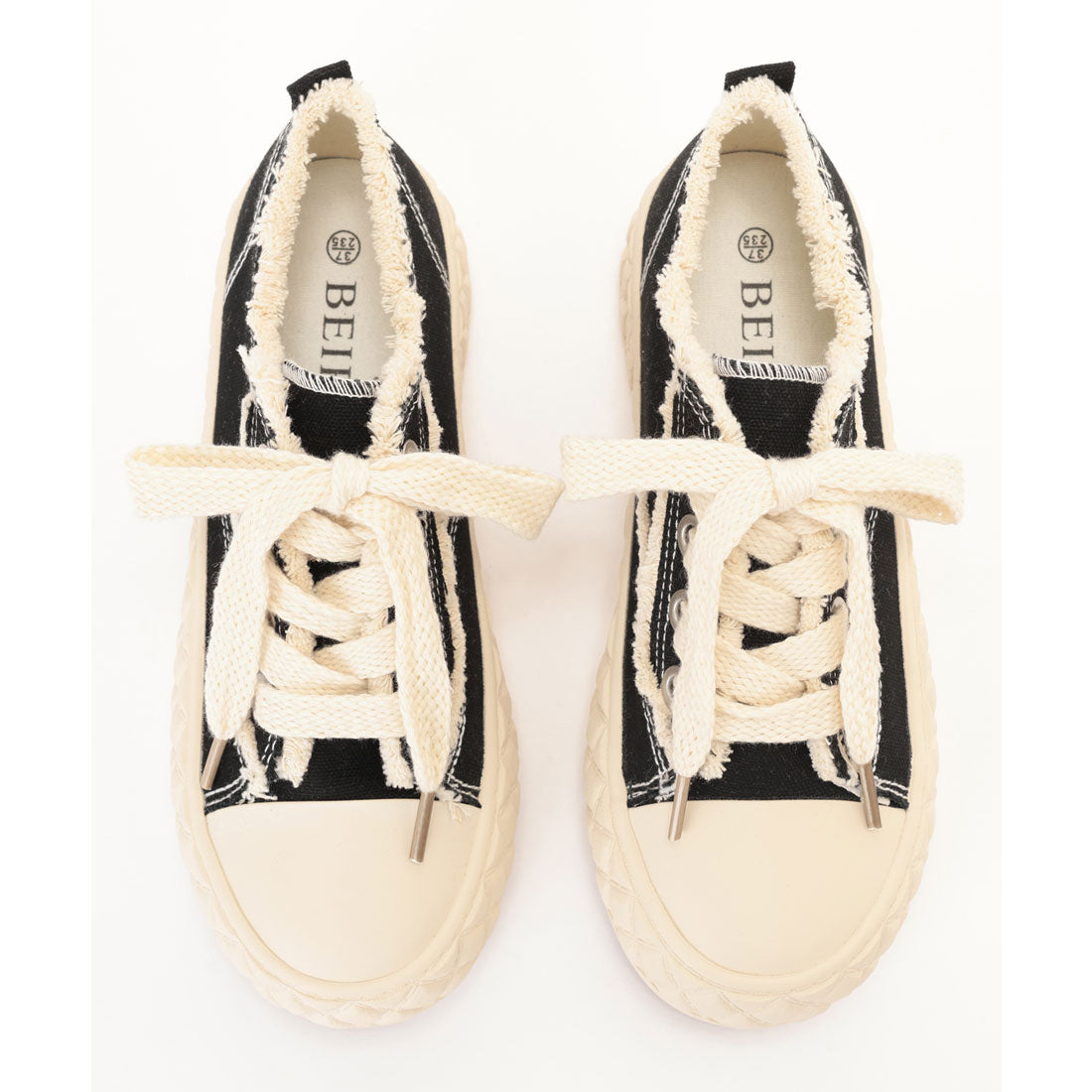 レースレディース Lace Ladies レースアップ フリンジ 厚底 フラット スニーカー （ブラック） ブラック