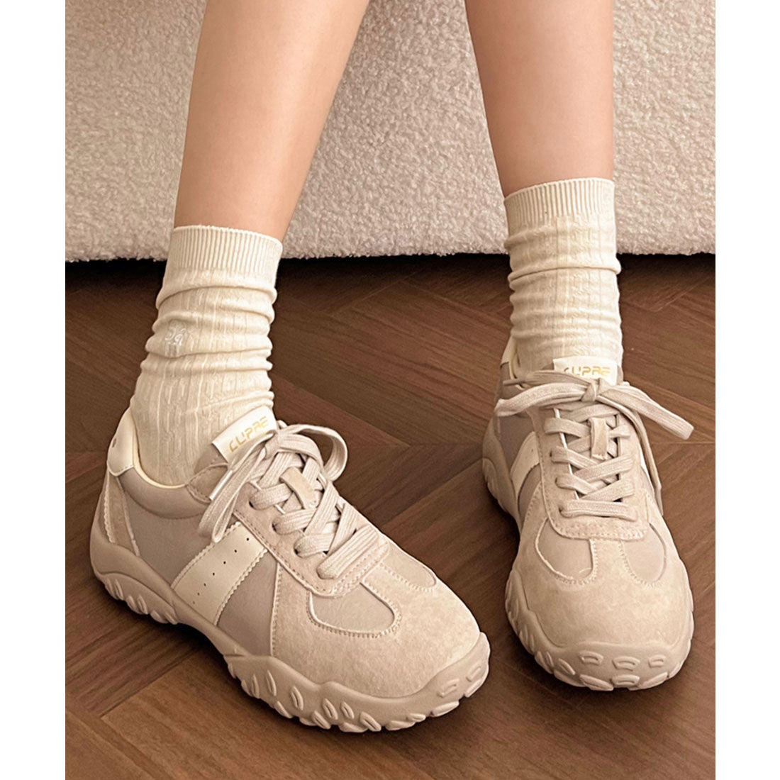 レースレディース Lace Ladies レザー調 レースアップ ベーシック スニーカー （グレージュ） グレージュ