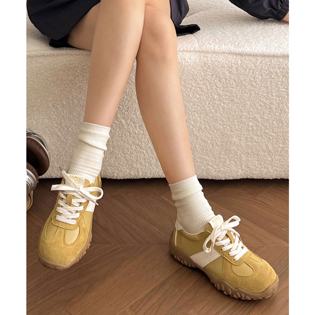 レースレディース Lace Ladies レザー調 レースアップ ベーシック スニーカー （イエロー） イエロー