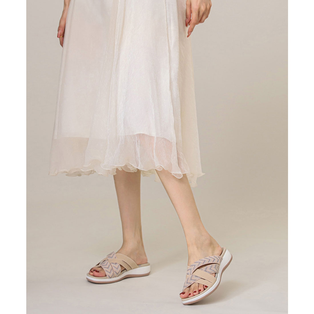 レースレディース Lace Ladies クロス ストラップ 厚底 スライド サンダル （ベージュ） ベージュ