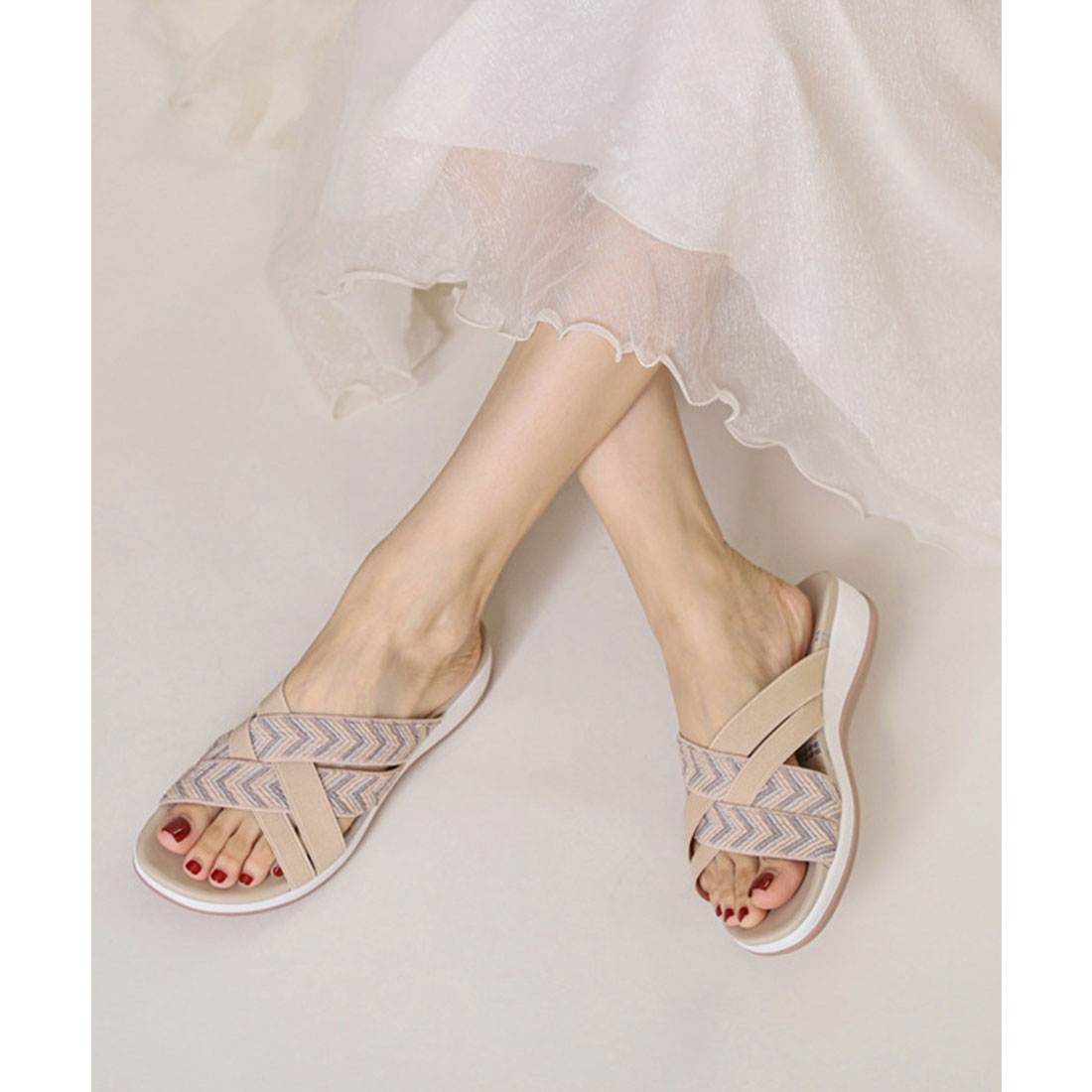 レースレディース Lace Ladies クロス ストラップ 厚底 スライド サンダル （ベージュ） ベージュ