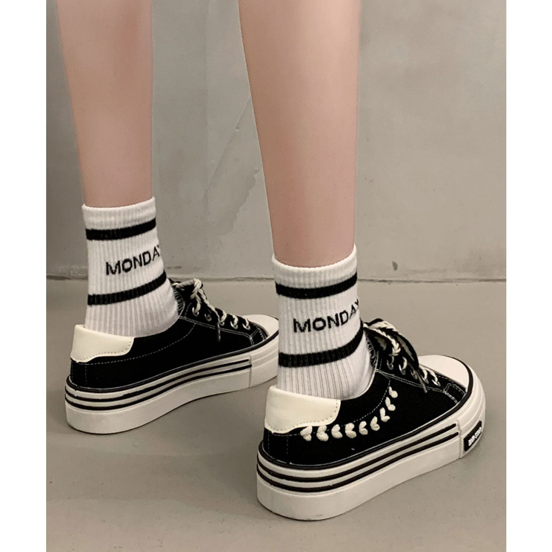 レースレディース Lace Ladies サイド 刺繍 配色 ライン スニーカー （ブラック） ブラック