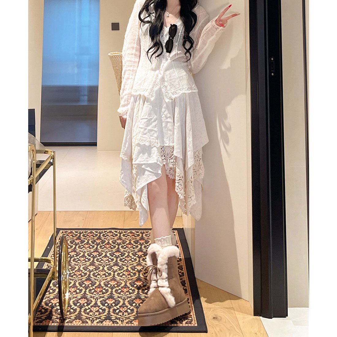 レースレディース Lace Ladies ファー付き レースアップ ミドル ムートン風 ブーツ （ブラウン） ブラウン