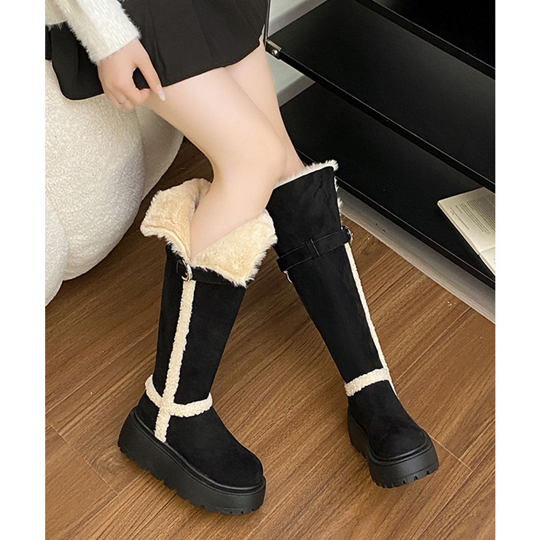 レースレディース Lace Ladies 2WAY ボア デザイン 厚底 ロング ブーツ （ブラック） ブラック