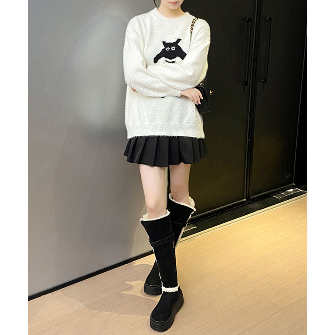 レースレディース Lace Ladies 2WAY ボア デザイン 厚底 ロング ブーツ （ブラック） ブラック
