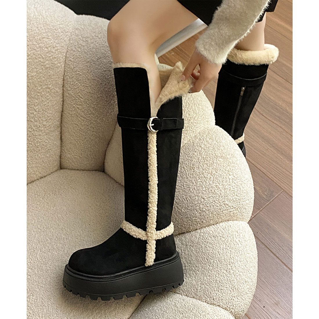 レースレディース Lace Ladies 2WAY ボア デザイン 厚底 ロング ブーツ （ブラック） ブラック