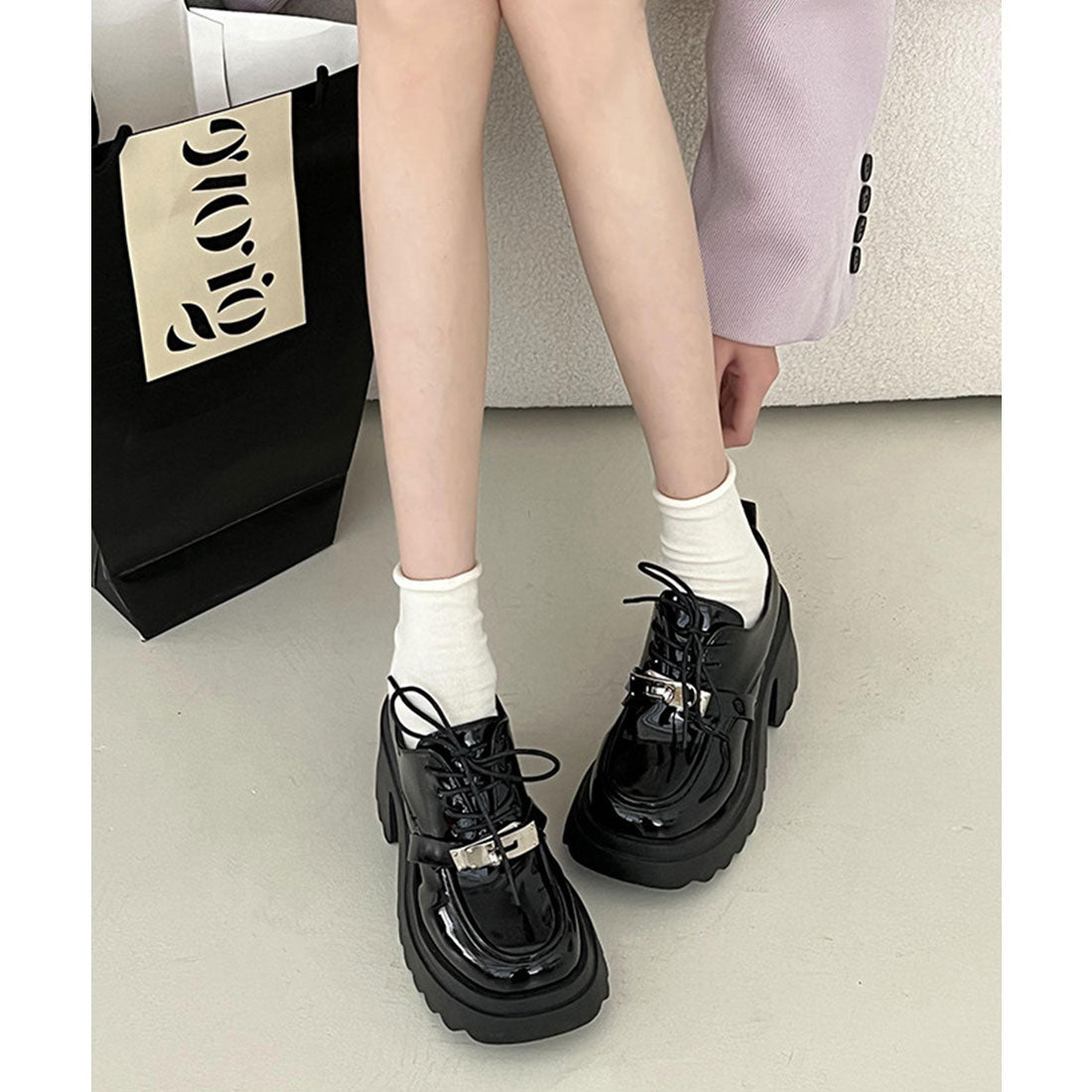レースレディース Lace Ladies パテント調 ひねり金具 レースアップ 厚底 シューズ （ブラック） ブラック