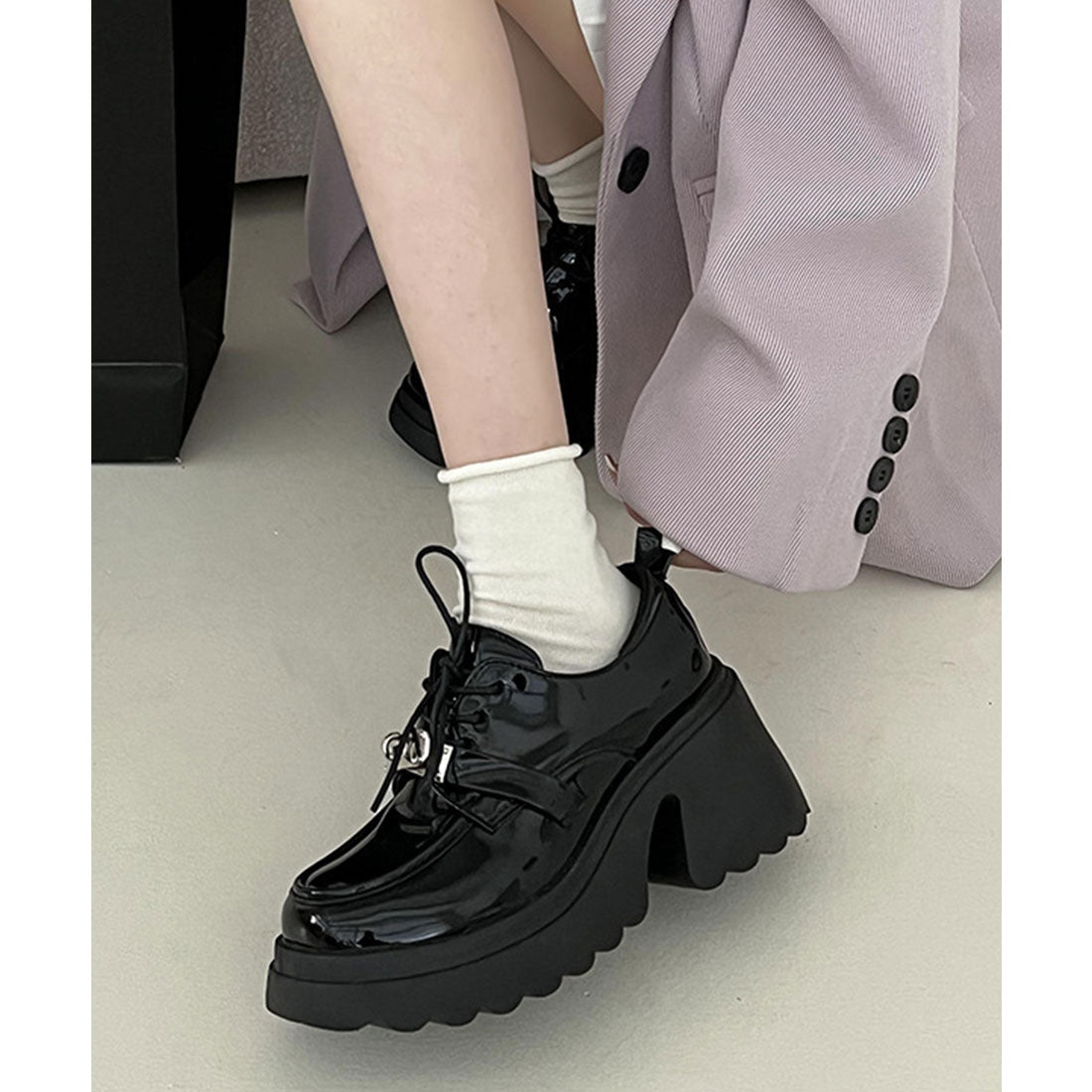 レースレディース Lace Ladies パテント調 ひねり金具 レースアップ 厚底 シューズ （ブラック） ブラック