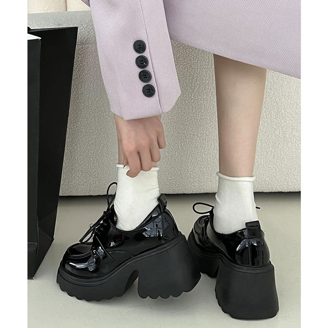 レースレディース Lace Ladies パテント調 ひねり金具 レースアップ 厚底 シューズ （ブラック） ブラック