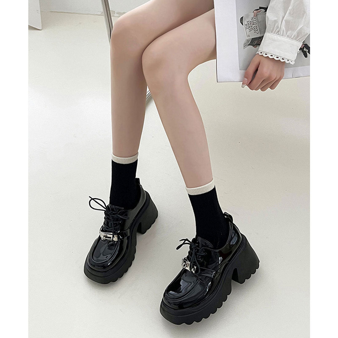 レースレディース Lace Ladies パテント調 ひねり金具 レースアップ 厚底 シューズ （ブラック） ブラック