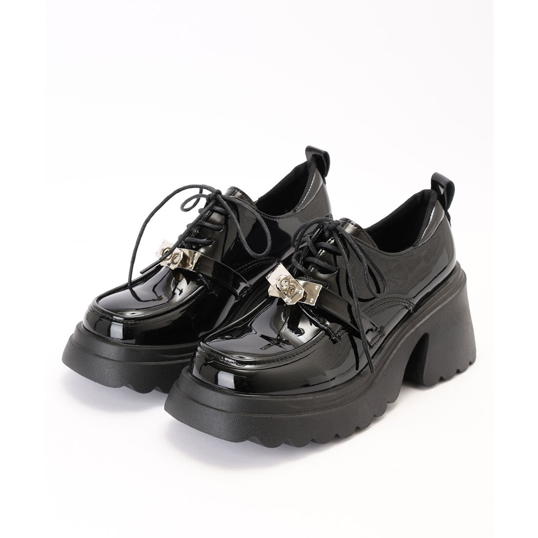 レースレディース Lace Ladies パテント調 ひねり金具 レースアップ 厚底 シューズ （ブラック） ブラック