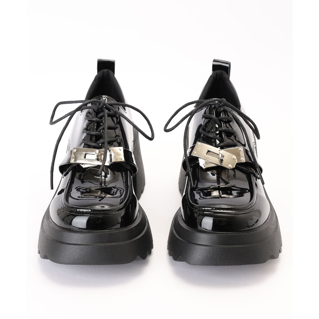 レースレディース Lace Ladies パテント調 ひねり金具 レースアップ 厚底 シューズ （ブラック） ブラック