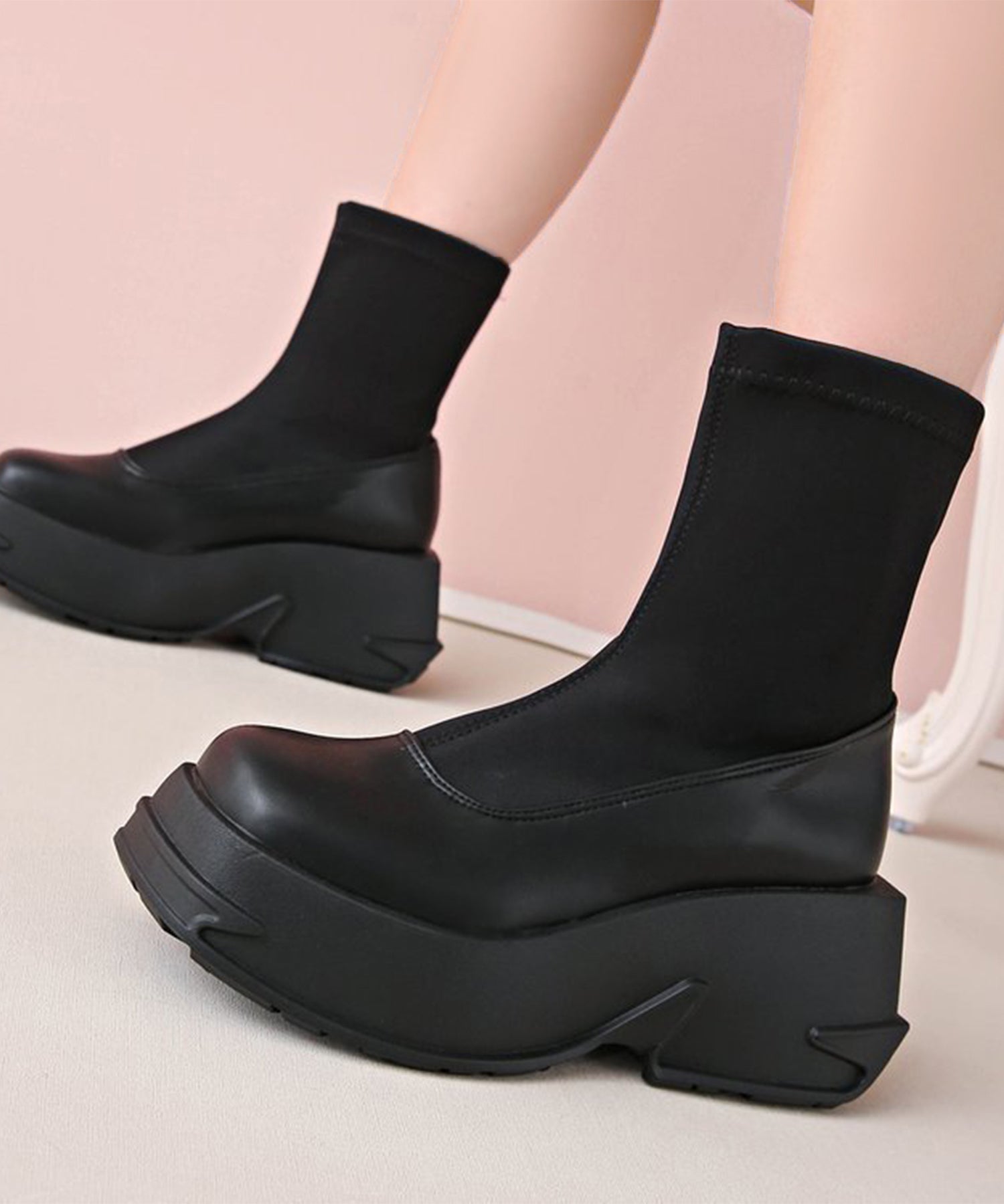 レースレディース Lace Ladies ソリッドカラー 厚底 ウエッジ ショート ブーツ （ブラック） ブラック