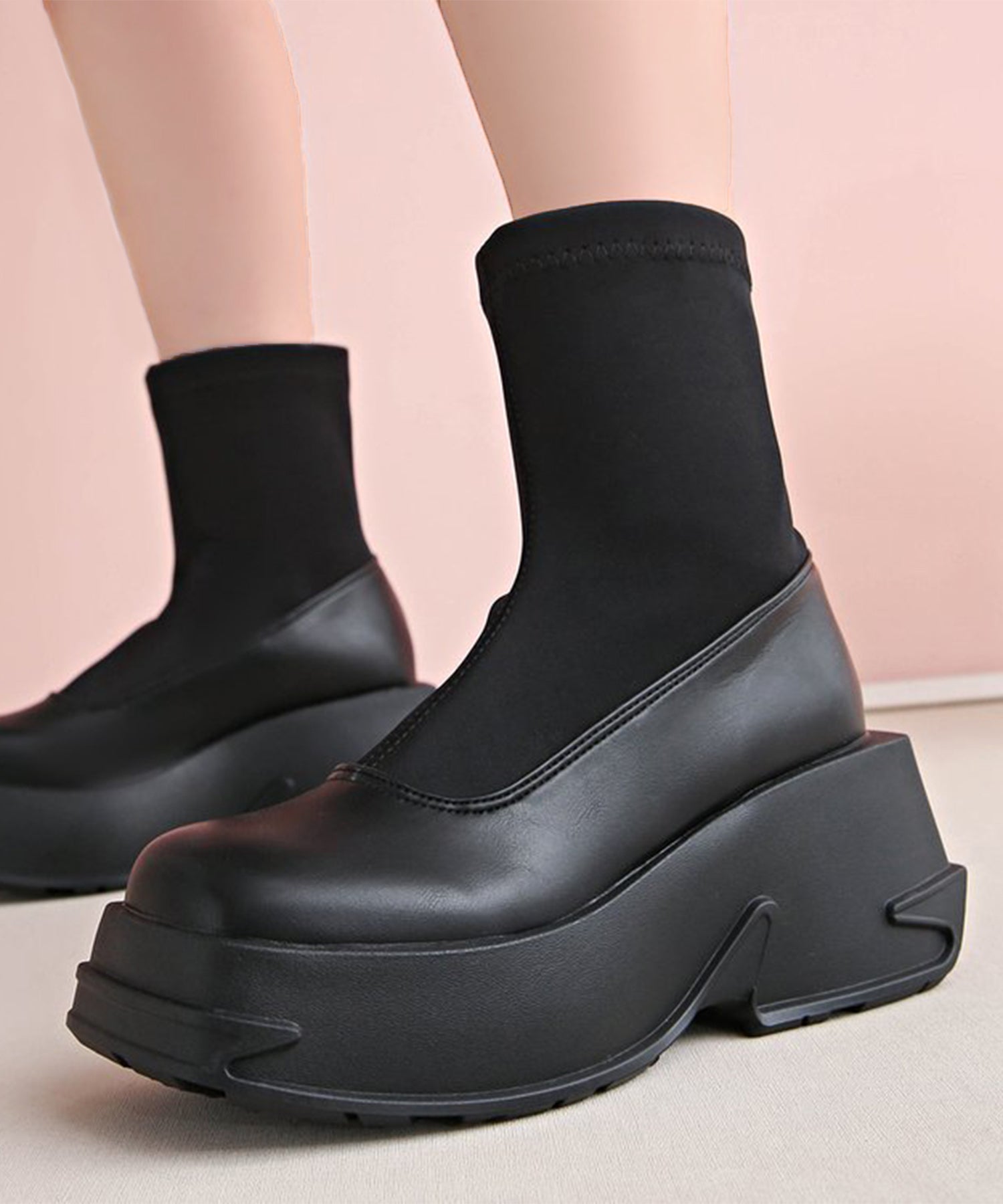 レースレディース Lace Ladies ソリッドカラー 厚底 ウエッジ ショート ブーツ （ブラック） ブラック