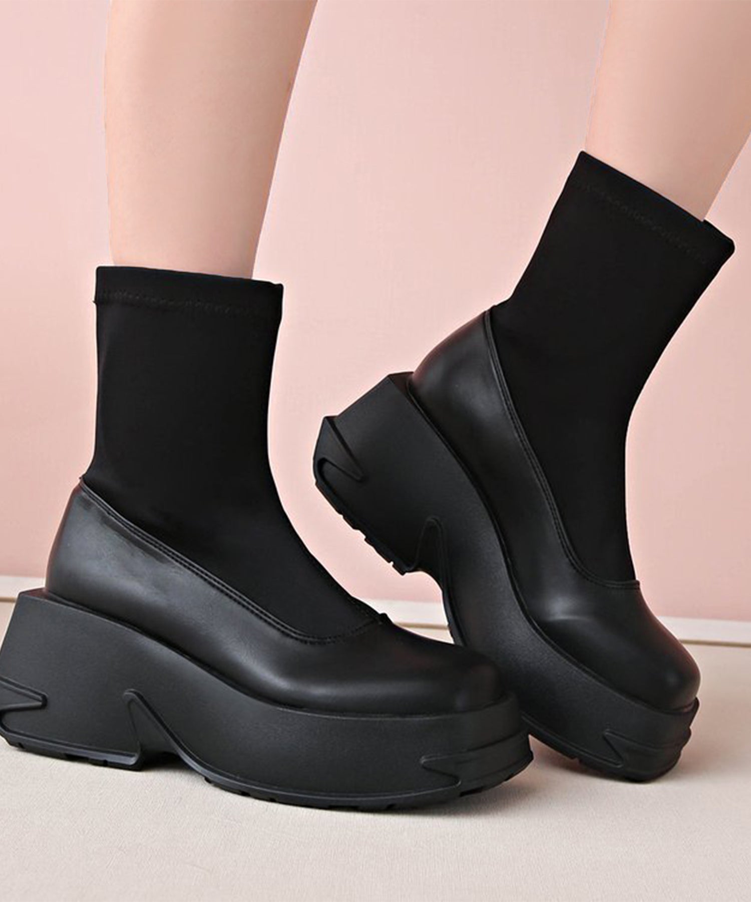 レースレディース Lace Ladies ソリッドカラー 厚底 ウエッジ ショート ブーツ （ブラック） ブラック