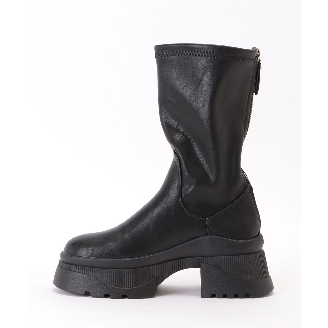 レースレディース Lace Ladies バックファスナー厚底レザー調ショートブーツ （ブラック） ブラック