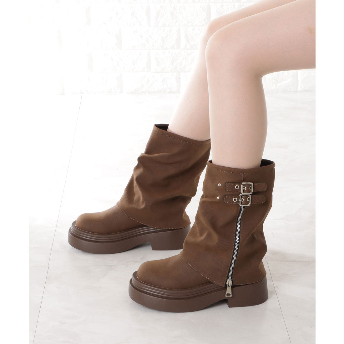 レースレディース Lace Ladies ファスナー付きカバー風厚底ミドルブーツ （ブラウン） ブラウン