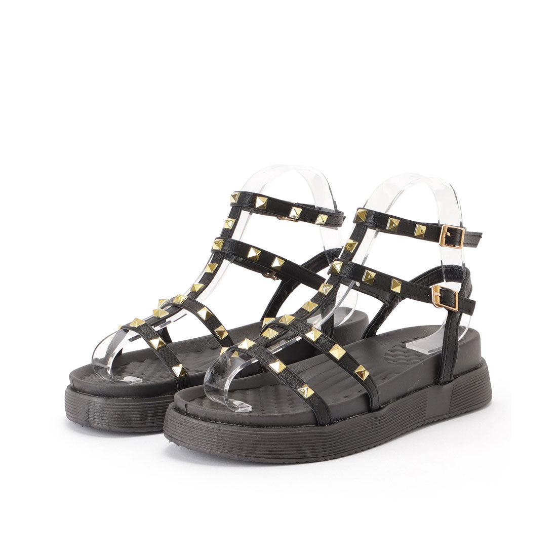 レースレディース Lace Ladies スタッズ付きクリアヒールストラップサンダル,ブラック