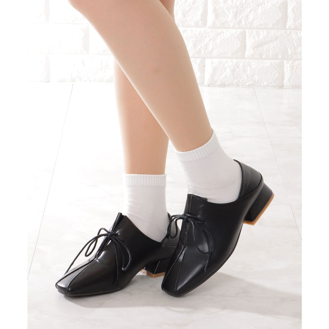 レースレディース Lace Ladies 2WAY レザー調 レースアップ チャンキー シューズ （ブラック） ブラック