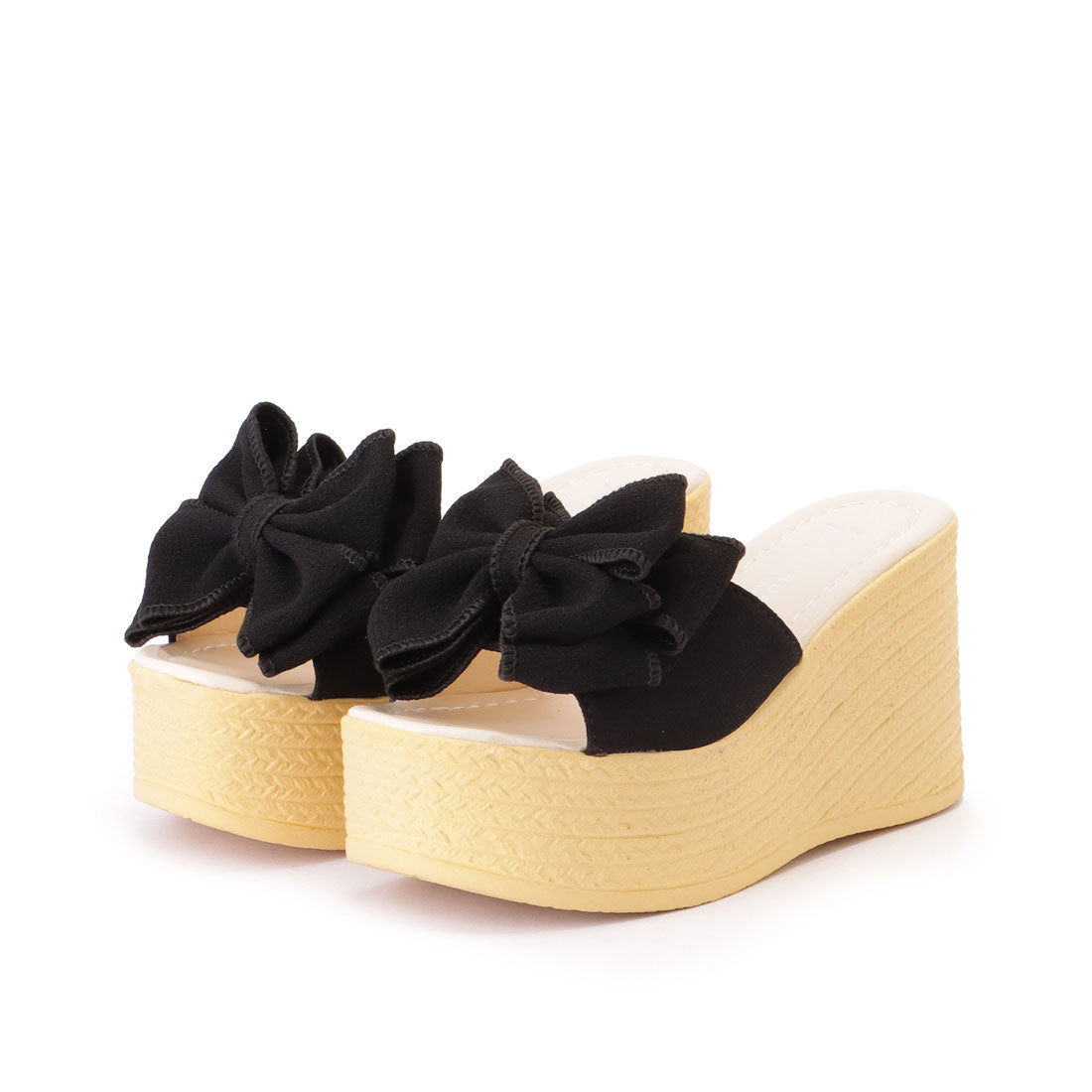 レースレディース Lace Ladies ビッグリボン パイピング 厚底 ウエッジ サンダル （ブラック） ブラック