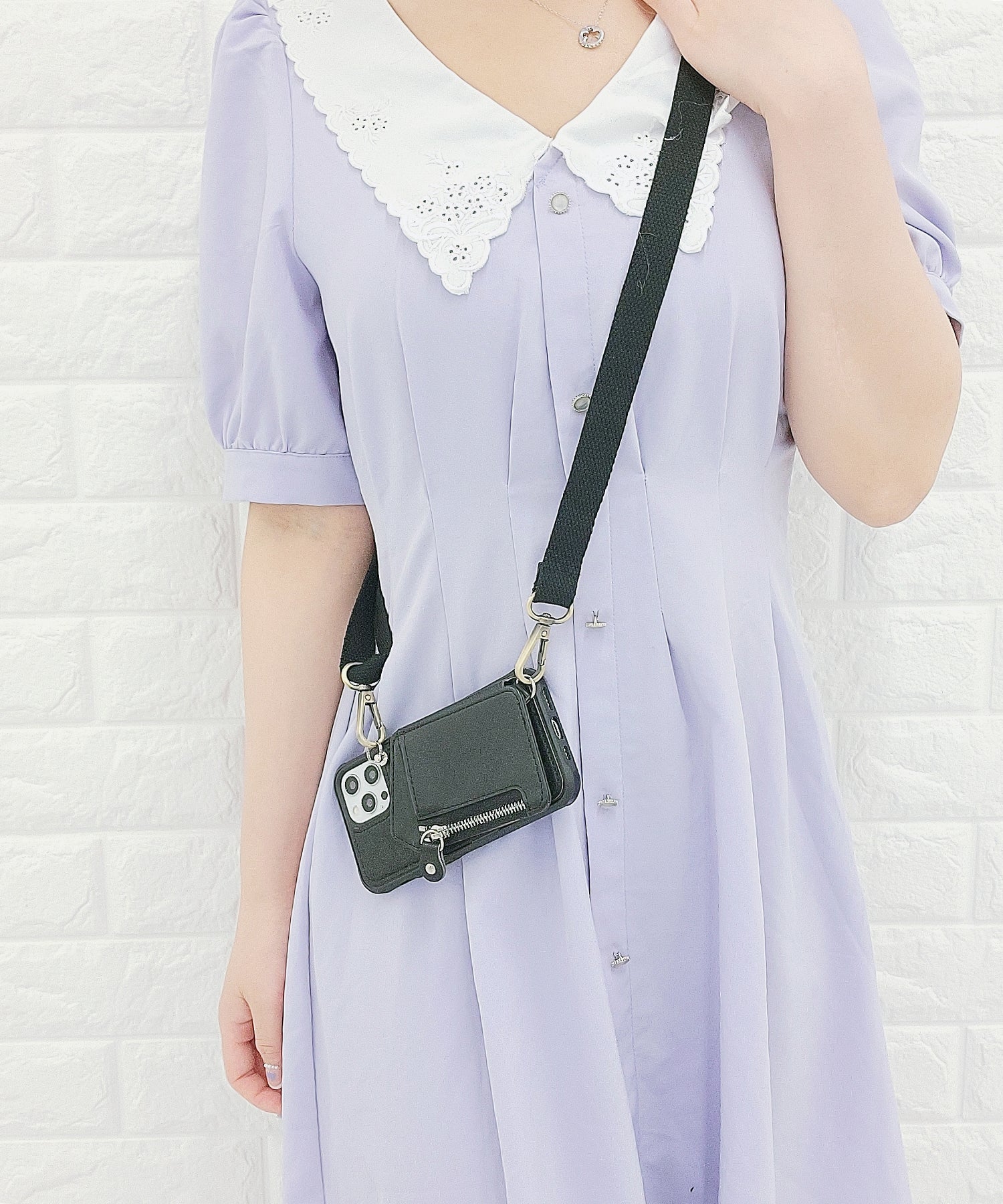 レースレディース Lace Ladies ショルダーストラップ付多機能iPhoneケーススマホケース （ブラック） ブラック