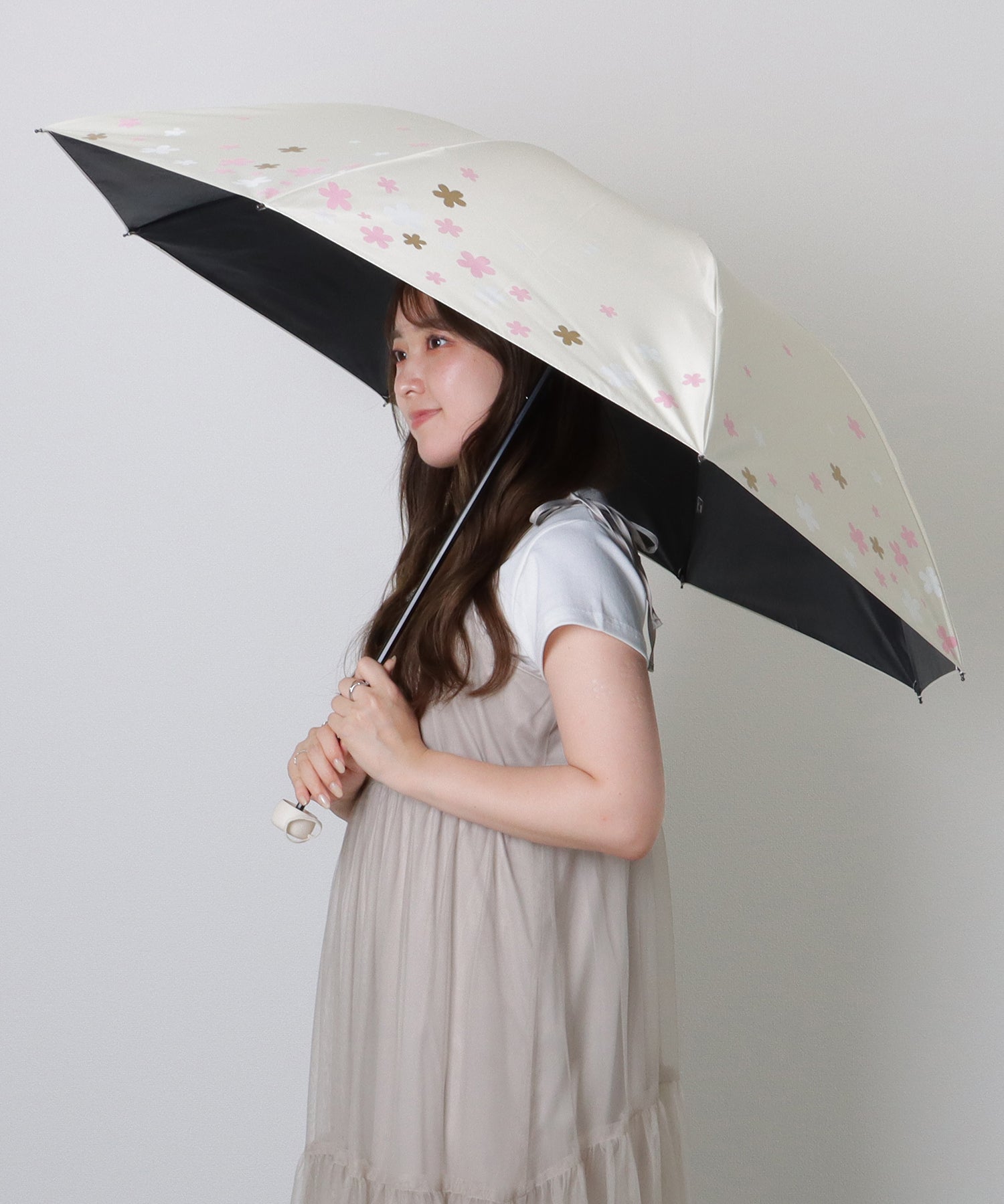 レースレディース Lace Ladies フラワー プリント 晴雨兼用 コンパクト 折りたたみ傘 （ベージュ） ベージュ