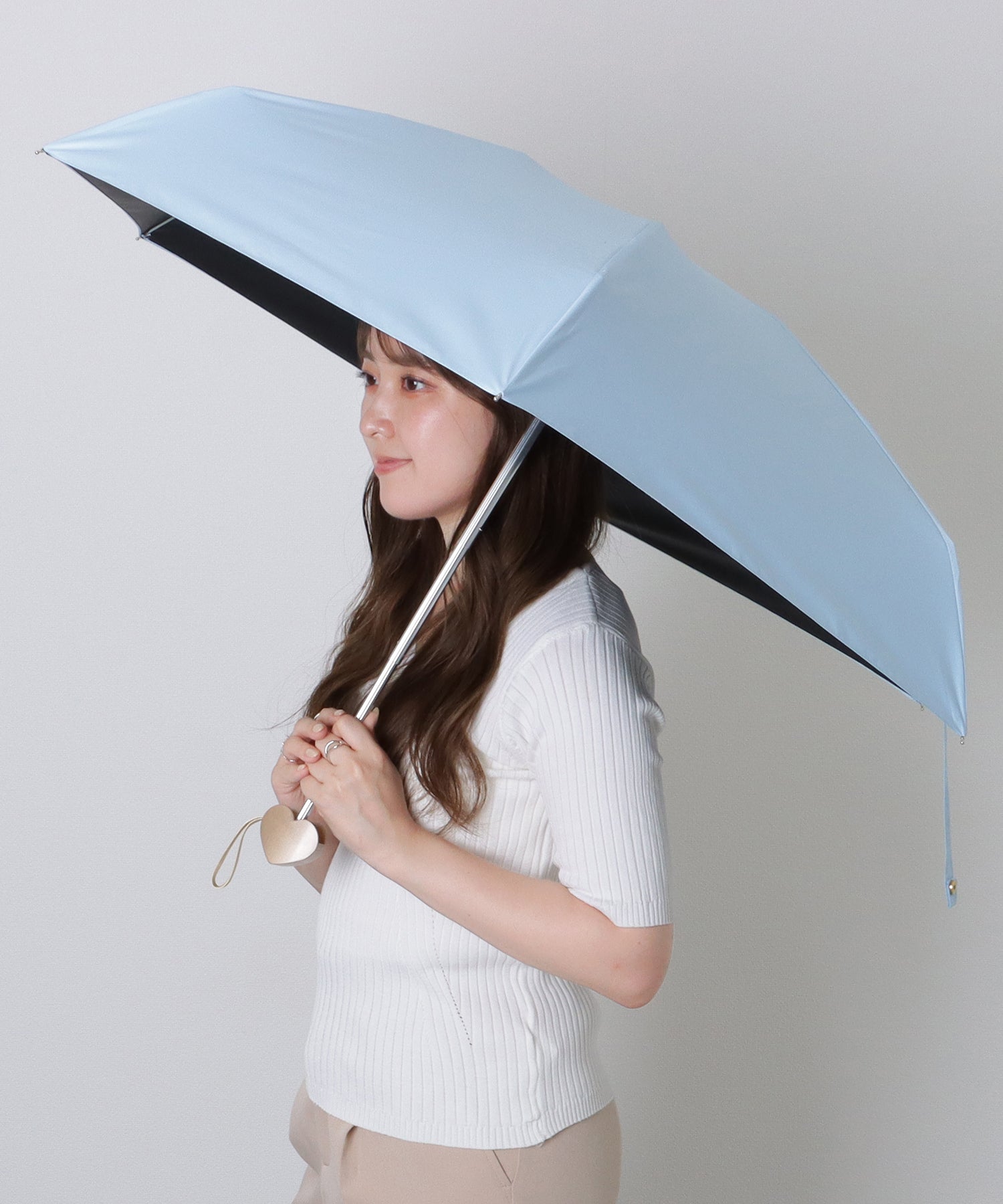 レースレディース Lace Ladies ソリッドカラー ハート ハンドル 晴雨兼用 折りたたみ傘 （ブルー） ブルー