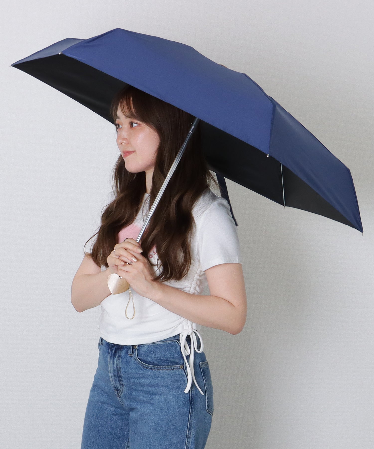 レースレディース Lace Ladies ソリッドカラー ハート ハンドル 晴雨兼用 折りたたみ傘 （ブルー） ブルー