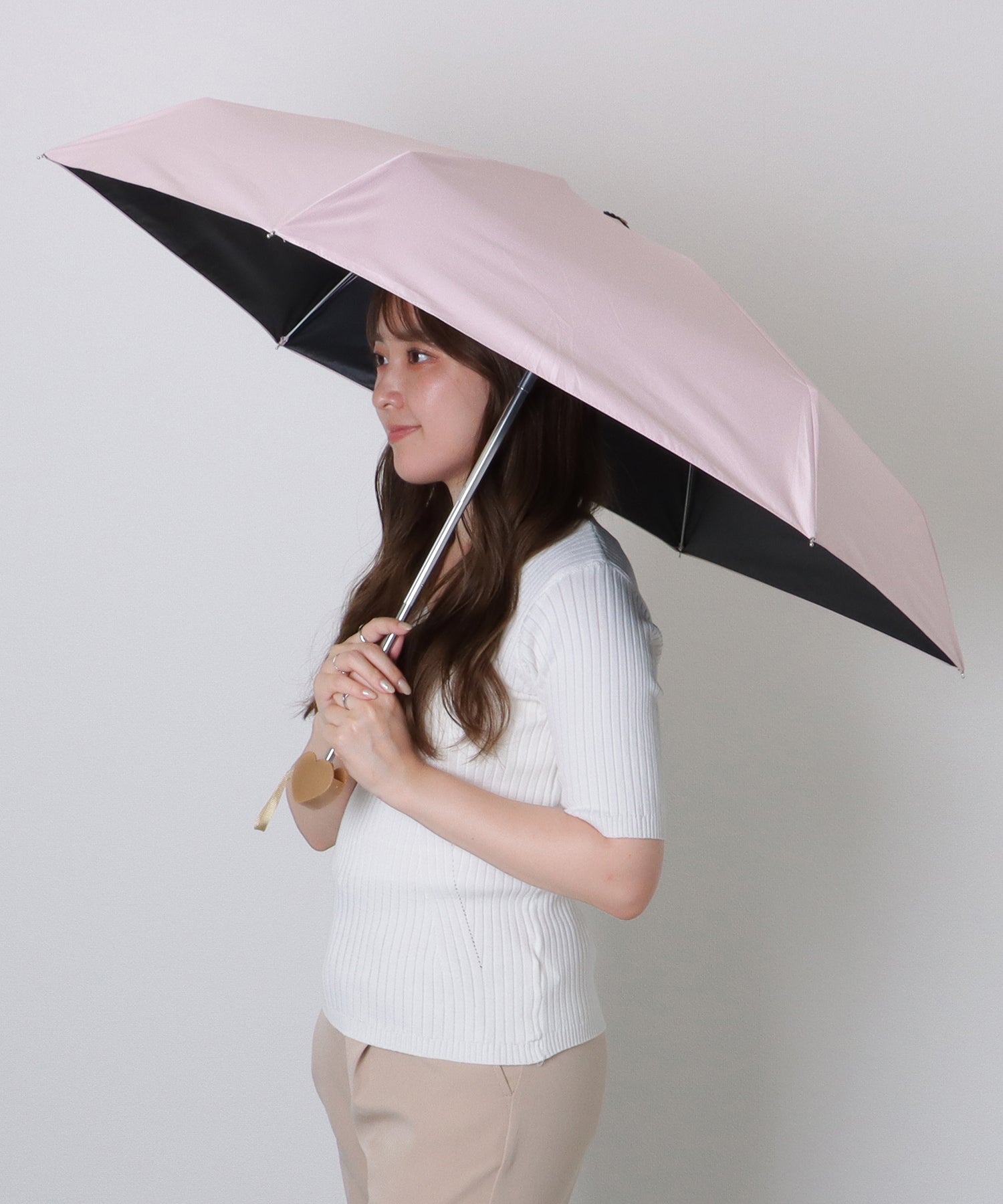 レースレディース Lace Ladies ソリッドカラー ハート ハンドル 晴雨兼用 折りたたみ傘 （ピンク） ピンク