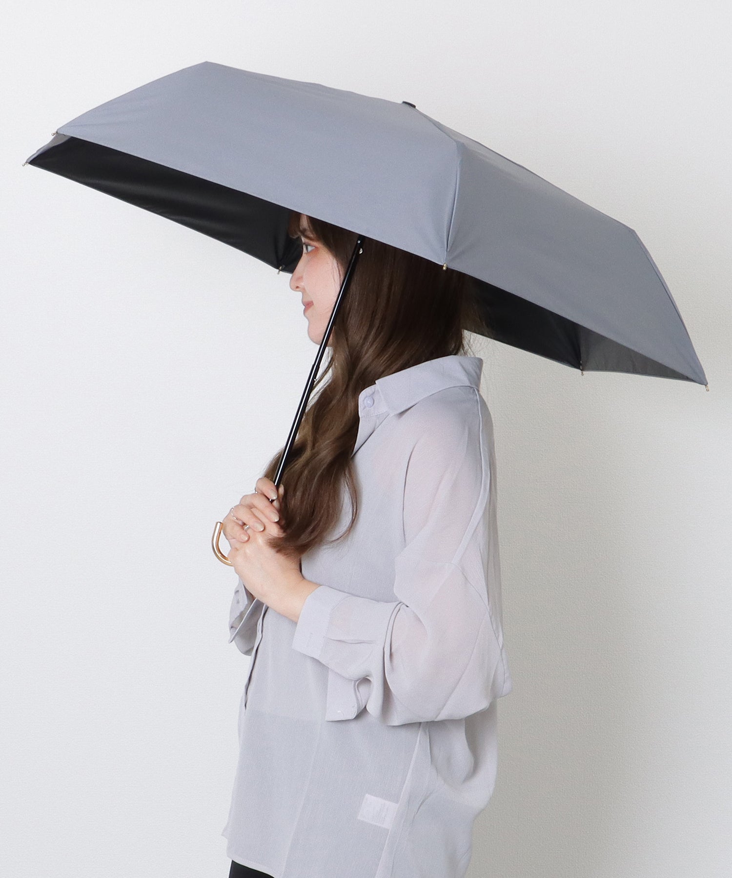 レースレディース Lace Ladies ソリッドカラー メタリック ハンドル 晴雨兼用 折りたたみ傘 （グレー） グレー