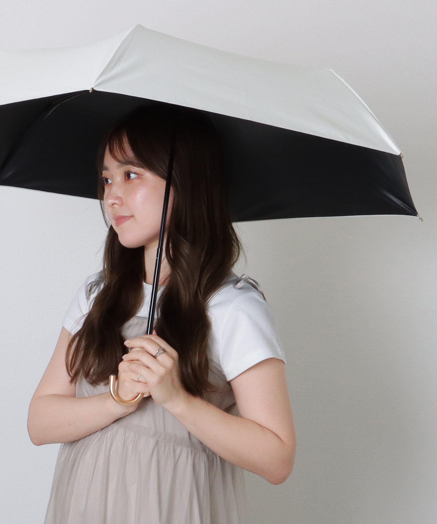 レースレディース Lace Ladies ソリッドカラー メタリック ハンドル 晴雨兼用 折りたたみ傘 （グレー） グレー
