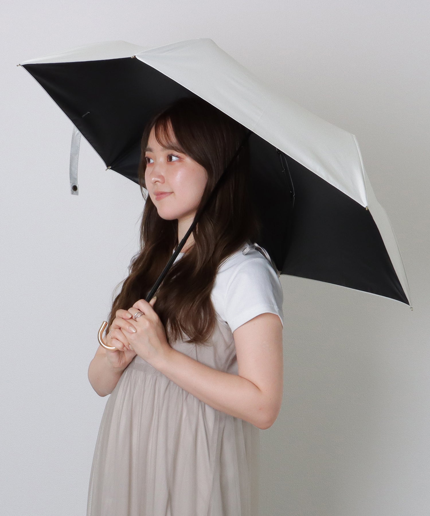 レースレディース Lace Ladies ソリッドカラー メタリック ハンドル 晴雨兼用 折りたたみ傘 （グレー） グレー
