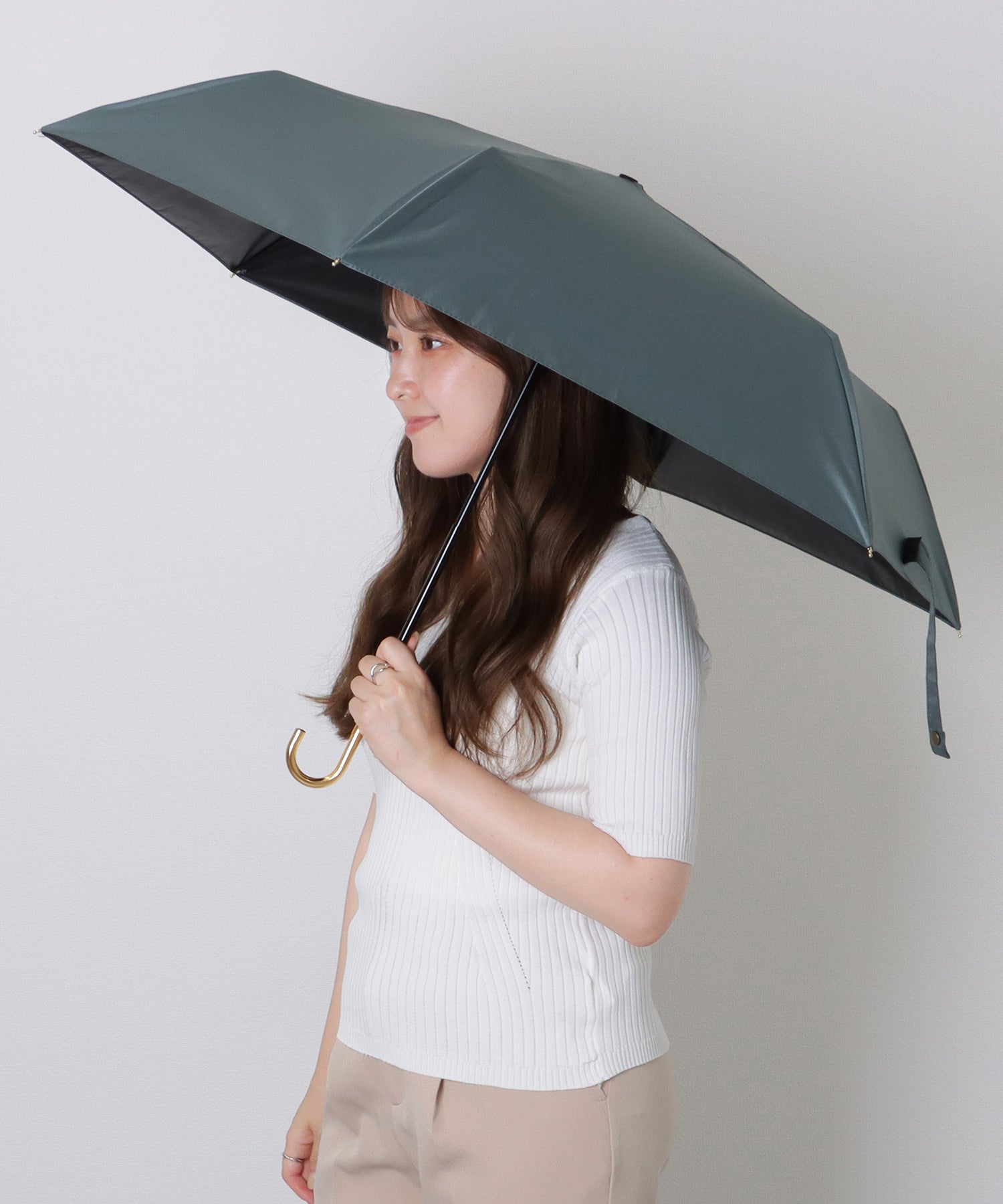 レースレディース Lace Ladies ソリッドカラー メタリック ハンドル 晴雨兼用 折りたたみ傘 （グリーン） グリーン