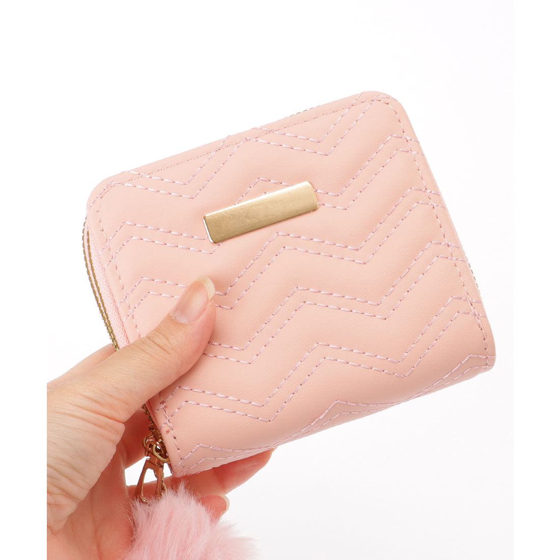レースレディース Lace Ladies ファー チャーム付き ジグザグ ステッチ コンパクト ウォレット （ブルー） ブルー