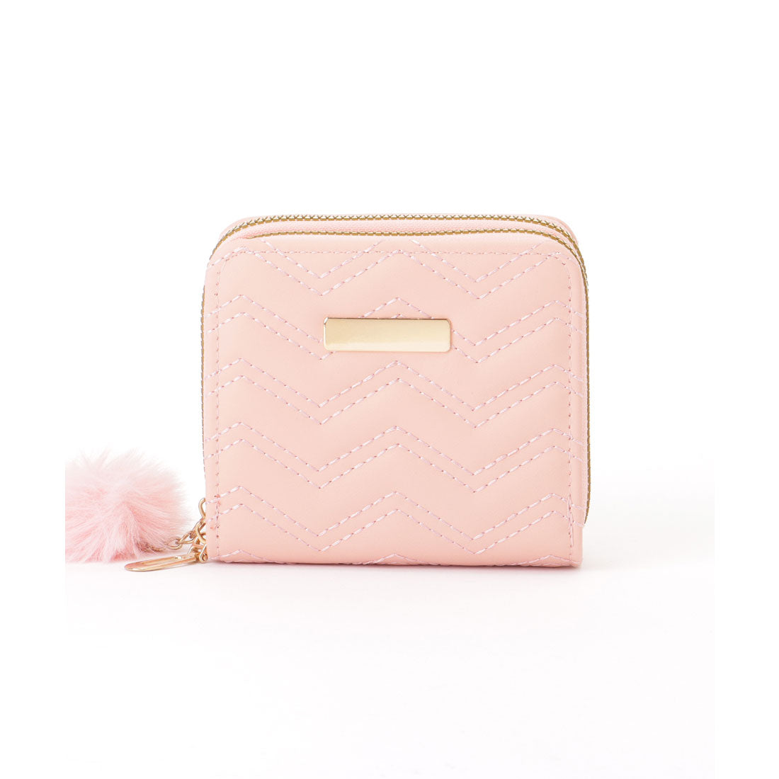 レースレディース Lace Ladies ファー チャーム付き ジグザグ ステッチ コンパクト ウォレット （ブルー） ブルー
